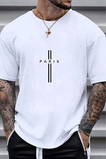 stg spor toptan giyim Ανδρικό μπλουζάκι με ριγέ Paris printed oversize