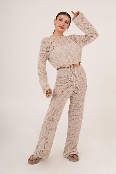 Hipo Trend Openwork Knitted Model Tied Crop Trousers Milk Brown Double Set
