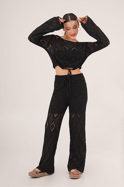 Hipo Trend Openwork Knitted Model Tied Crop Trousers Black Double Set