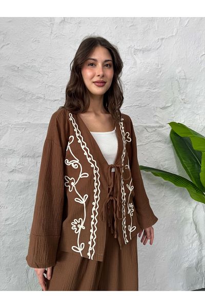 Elif Özbey Butik Кимоно от муселин с бродерия в цвят кафе