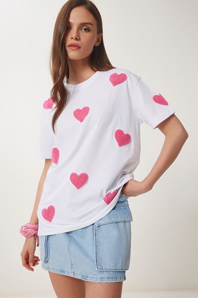 Lovelyİstanbul Tricou tricotat din bumbac texturat inimă ALB LMP0009