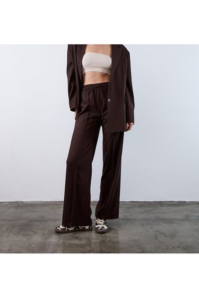 My Blog Brown Elastic Waist Front Stitched Polyviscon Trousers - 50741