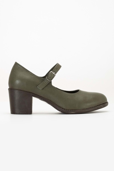 ANALİN SHOES Women's Dark Olive Leather Banded Heeled Shoes