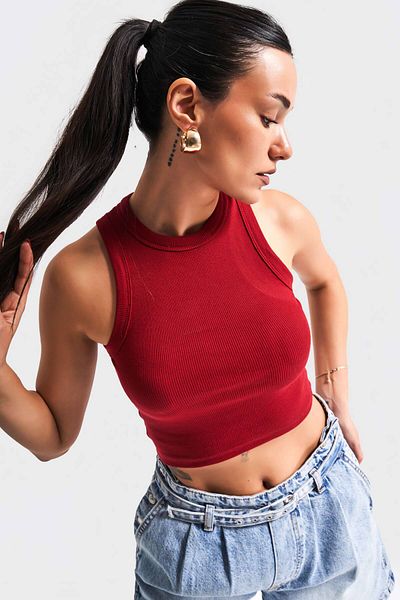 its basic Women's Red Color S5-35 Halter Neckline Stretchy Camisole Fabric Crop Top Body
