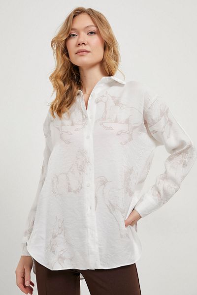 Arma Life Women's Horse Figure Patterned Loose Long Sleeve White Shirt