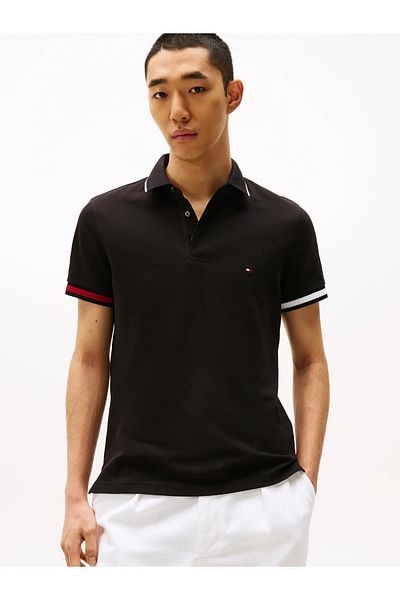 Tommy Hilfiger Flag Cuff Slim Fit Polo Men's Black T-Shirt Mw0Mw38458Bds