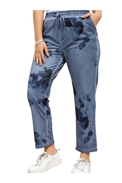 MAMAYAGA Women's Crew Neck High Waist Elastic Stone Printed Washed Plus Size Curve Pants