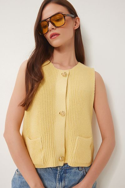 Lovelyİstanbul Stylish Buttoned Knitwear Vest Yellow Lus0127