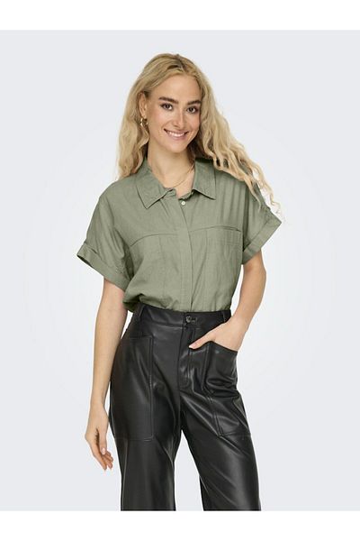 ONLY Women's Green Onlcaro S/S Linen Bl Boxy Shirt Cc Pnt Shirt 15338744 -Tea