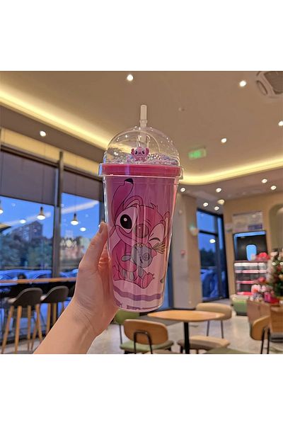 Choice 450ML A 450ML Disney Lilo & Stitch Angel Couple Cartoon Double Layer Plastic Water Cup Drink Straw M