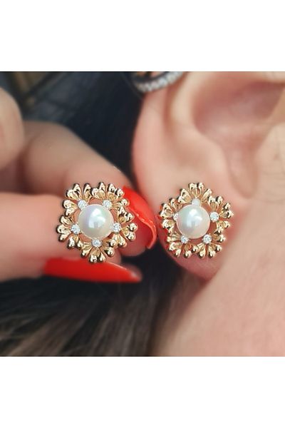 SE Jewellery Collection Selin Ersoy Pearl and Zircon Stone Detailed Flower Earrings – Rose Gold Xuping, Non-Tarnishing, Elegant and Sparkling (1.4 X 1.4 cm)
