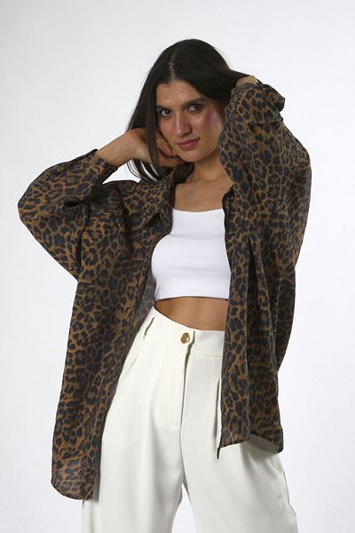 ABBRA Women's Modal Leopard Patterned Oversize Shirt