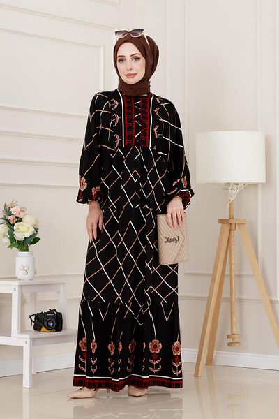 Sevitli Diamond Patterned Robe Viscon Dress-Burgundy