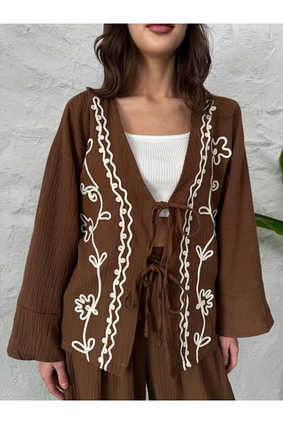 Elif Özbey Butik Кимоно от муселин с бродерия в цвят кафе