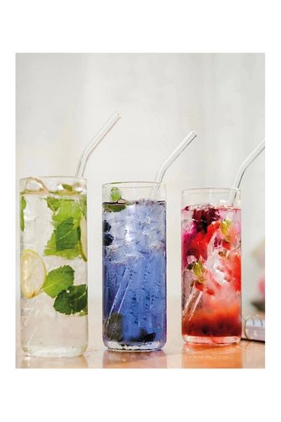 SAVORYHOME 6 Pieces Clear Glass Curved Straws And Cleaning Brush Cocktail Presentation Straws Washable