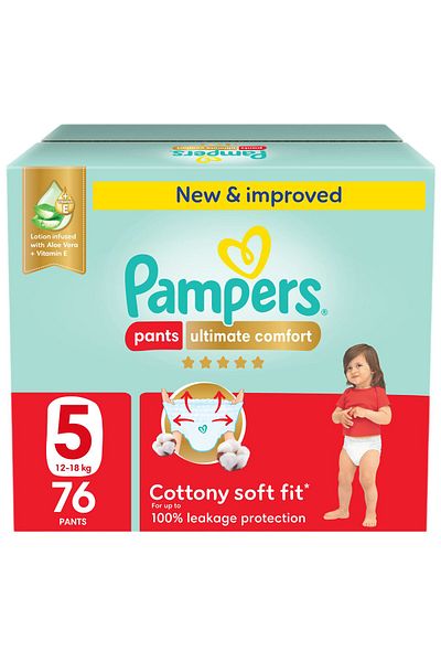 Pampers Ultimate Comfort Pants Diapers, S5, 12-18kg, Lotion infused with Aloe Vera & Vit E, Giant Box, 76 Ct