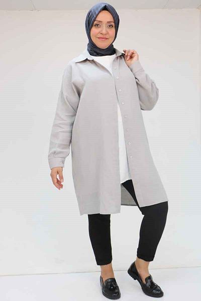 Eslina 58063 Large Size Muslin Shirt with Low Sleeve Cuffs - Gray