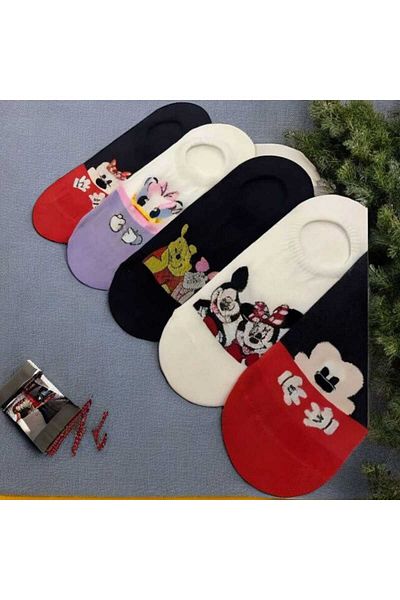 HAYEL 5 Pairs of Cute Animal Character Patterned Multicolor Women's Ballerina Sneaker Invisible Socks Seamless