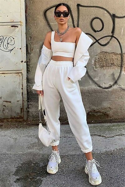 Madmext Mad Girls Beyaz Paça Lastikli Oversize Kadın Eşofman Mg324