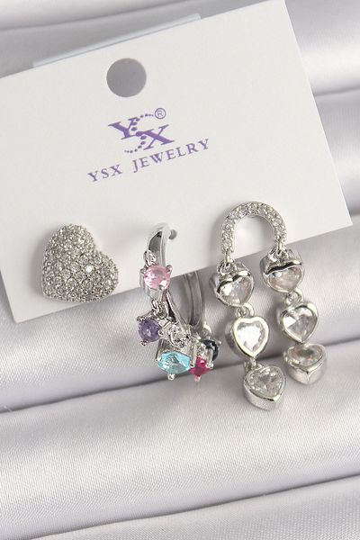 E BULURUM Brass Silver Color Zircon Stone Heart Figure Colorful Stone Detail 3-Piece Women's Combination Earrings