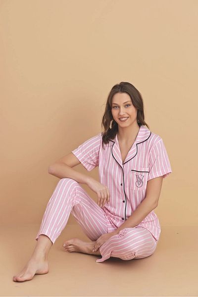 PİJAMERRY Pijamerry Viscose Fabric Shirt Collar Pink Striped Women's Pajamas Set - 5820