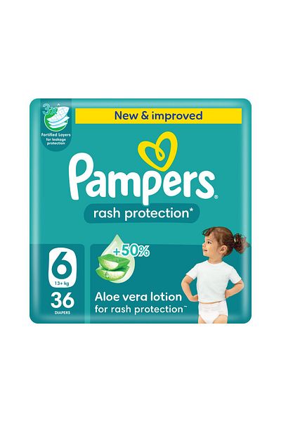 Pampers Rash Protection Taped Diapers, S 6, 13+kg, +50% Aloe Vera Lotion, 3x Fortified Layers, 36 Count