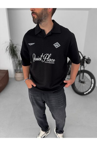 BYBASICMAN Black Quiet Place Polo Neck Oversize T-Shirt Pm-079