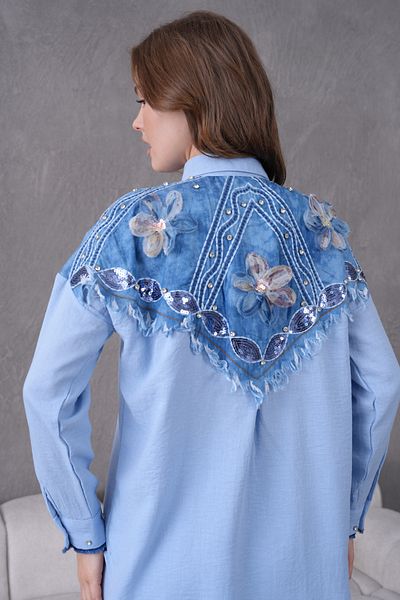 Miss Allos Women's Back Shawl Embroidery Tulle Flower and Stone Embroidered Denim Garnished Linen Shirt and Pants Bottom Top Set
