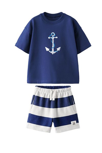 Lolliboomkids Boys Cotton Fabric Anchor Printed Cotton Tshirt and Striped Shorts Bottom Top Set