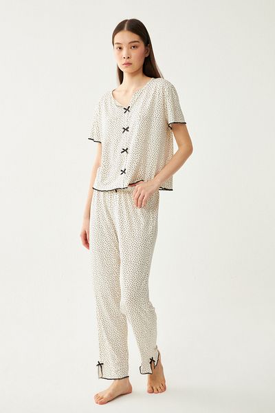 Ecrou Women's Ecru Polka Dot Short Sleeve Slit Trousers Pajama Set
