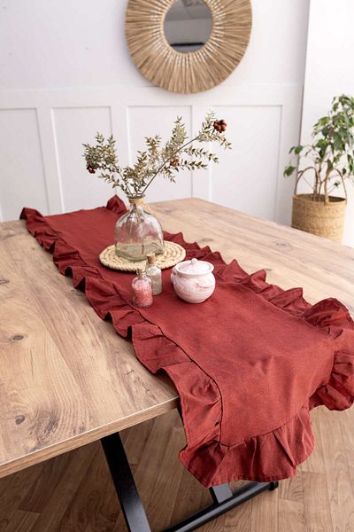 Morlay Natural Red Burgundy Frilly Linen Runner - 40X150 cm