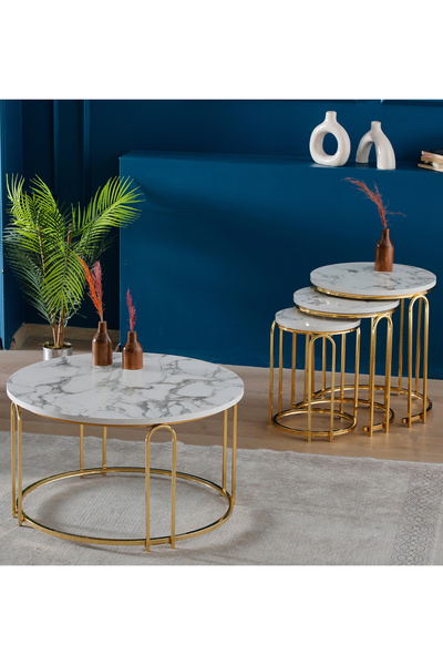 SEDAŞ LIVING UNITS Lenka Zigon Orta Sehpa Takımı Yuvarlak Gold Metal 3+1 - Be...