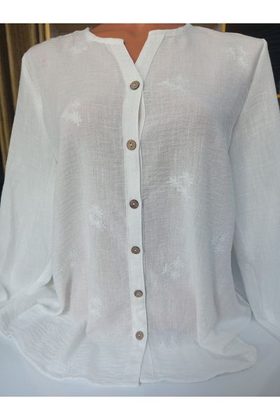 AKŞEN GİYİM Plus Size 100% Cotton Linen Embroidered Fold over Sleeve O-Neck Classic White Shirt