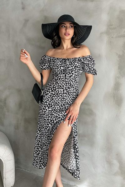 Mila Black Patterned Slit Midi Dress