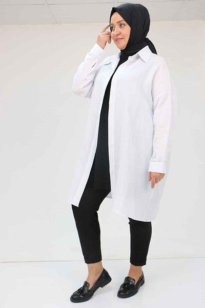 Eslina 58063 Large Size Muslin Shirt with Low Sleeve Cuffs - Ecru