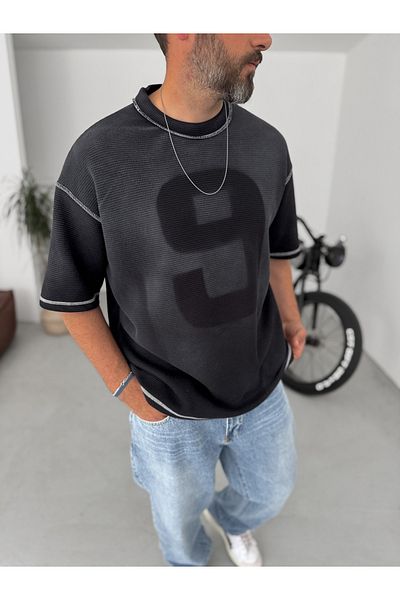 BYBASICMAN Black Waffle 9 Washed Oversize T-Shirt Bs-007