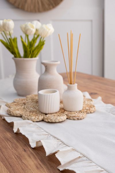 Morlay Raw Natural Frilly Linen Runner - 40X150 cm