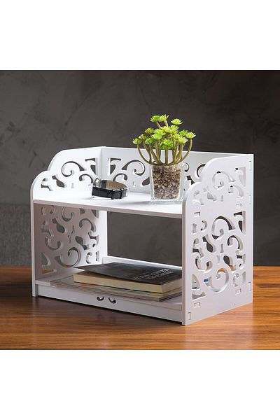 Generic White 2-Tier Desktop Bookshelf – Vintage PVC Organizer with Cut-Out Design for Home or Office