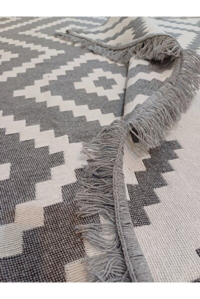 stay with love Kilim Gri-beyaz Pamuklu Dokuma Yıkanabilir Modern Desenli Çift Taraflı Kilim,yolluk,paspas