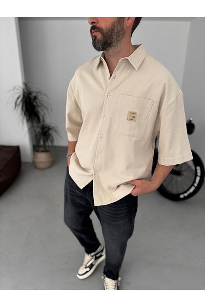 BYBASICMAN Beige Pocket Patched Short Sleeve Shirt Bs-001