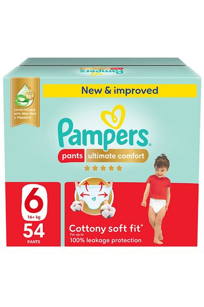 Pampers Ultimate Comfort Pants Diapers, S6, 16-21kg, Lotion infused with Aloe Vera & Vit E, Giant Box, 54 Ct