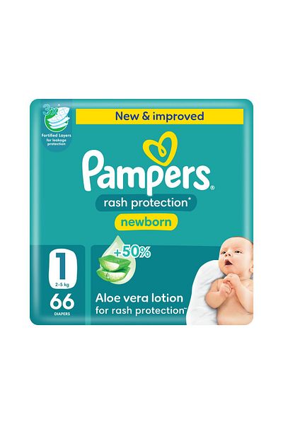 Pampers Rash Protect. Taped Diapers, S 1, 2-5kg, +50% Aloe Vera Lotion, Jumbo Pack, 66 Count