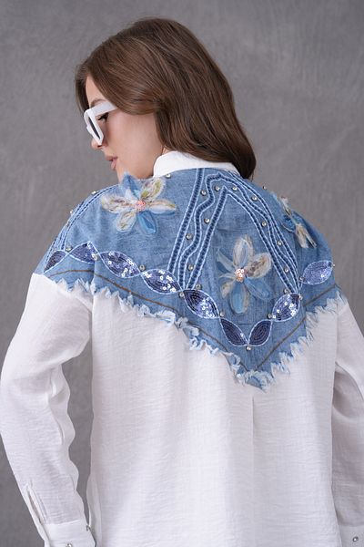 Miss Allos Women's Back Shawl Embroidery Tulle Flower and Stone Embroidered Denim Garnished Linen Shirt and Pants Bottom Top Set