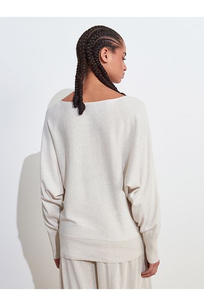 Dilvin 10735 Boat Neck Thin Knitwear Sweater-Beige Melange