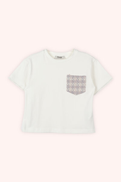 Panço Kız Çocuk Cep Detaylı Kısa Kollu Ekru Tişört