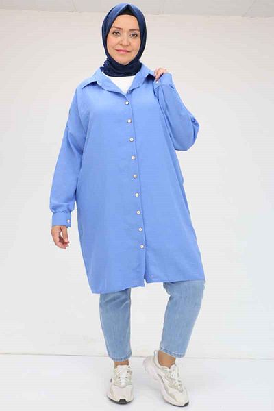 Eslina 58054 Large Size Linen Shirt with Low Sleeve Cuffs - Indigo