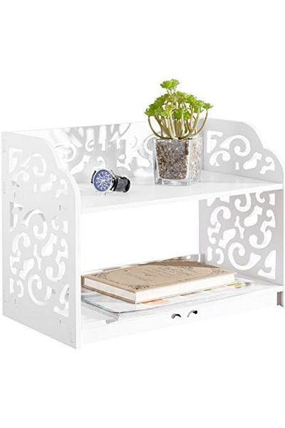 Generic White 2-Tier Desktop Bookshelf – Vintage PVC Organizer with Cut-Out Design for Home or Office