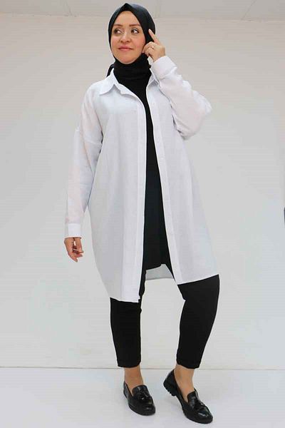 Eslina 58063 Large Size Muslin Shirt with Low Sleeve Cuffs - Ecru