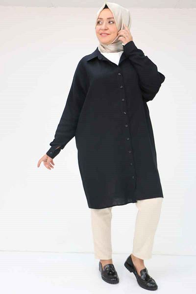 Eslina 58063 Large Size Muslin Shirt with Low Sleeve Cuffs - Black