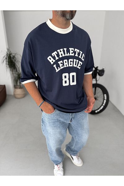 BYBASICMAN Navy Blue Athletic League Printed Oversize T-Shirt Bs-011
